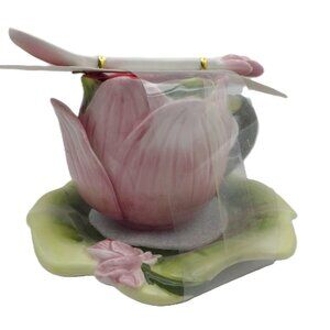 Porcelain Tea Cup, Saucer & Spoon/ Pink Rose/ Corner Ruby/ Botanical Collection